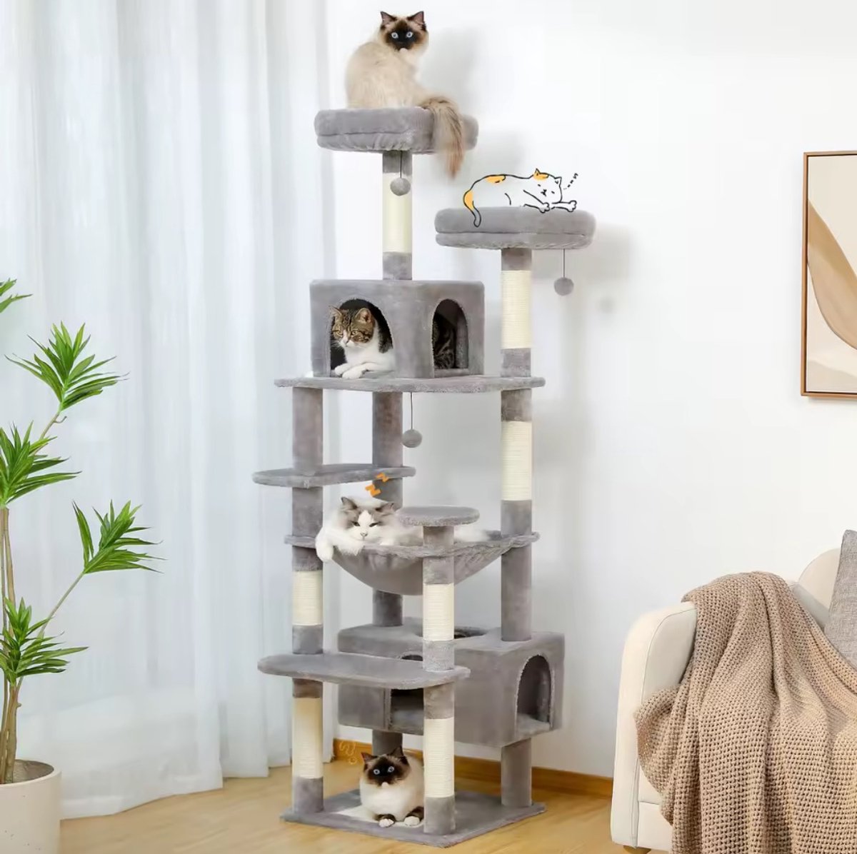 Grote Krabpaal en Toren voor Binnenkatten Met Sisal Bedekte Krabpalen Ruime Hangmat Gewatteerde Zitstokken en Condos Kattenspeelgoed
