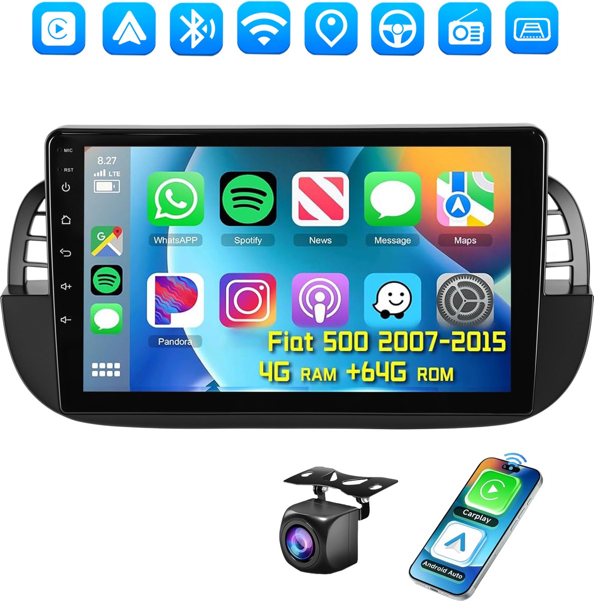ESSGOO Autoradio voor Fiat 500 2007-2015 - Android 15 - Apple Carplay & Android Auto (Draadloos) - 4+64GB - 9" HD IPS Touchscreen - GPS, WIFi, Bluetooth, USB, SWC - Zwart - Achteruitrijcamera