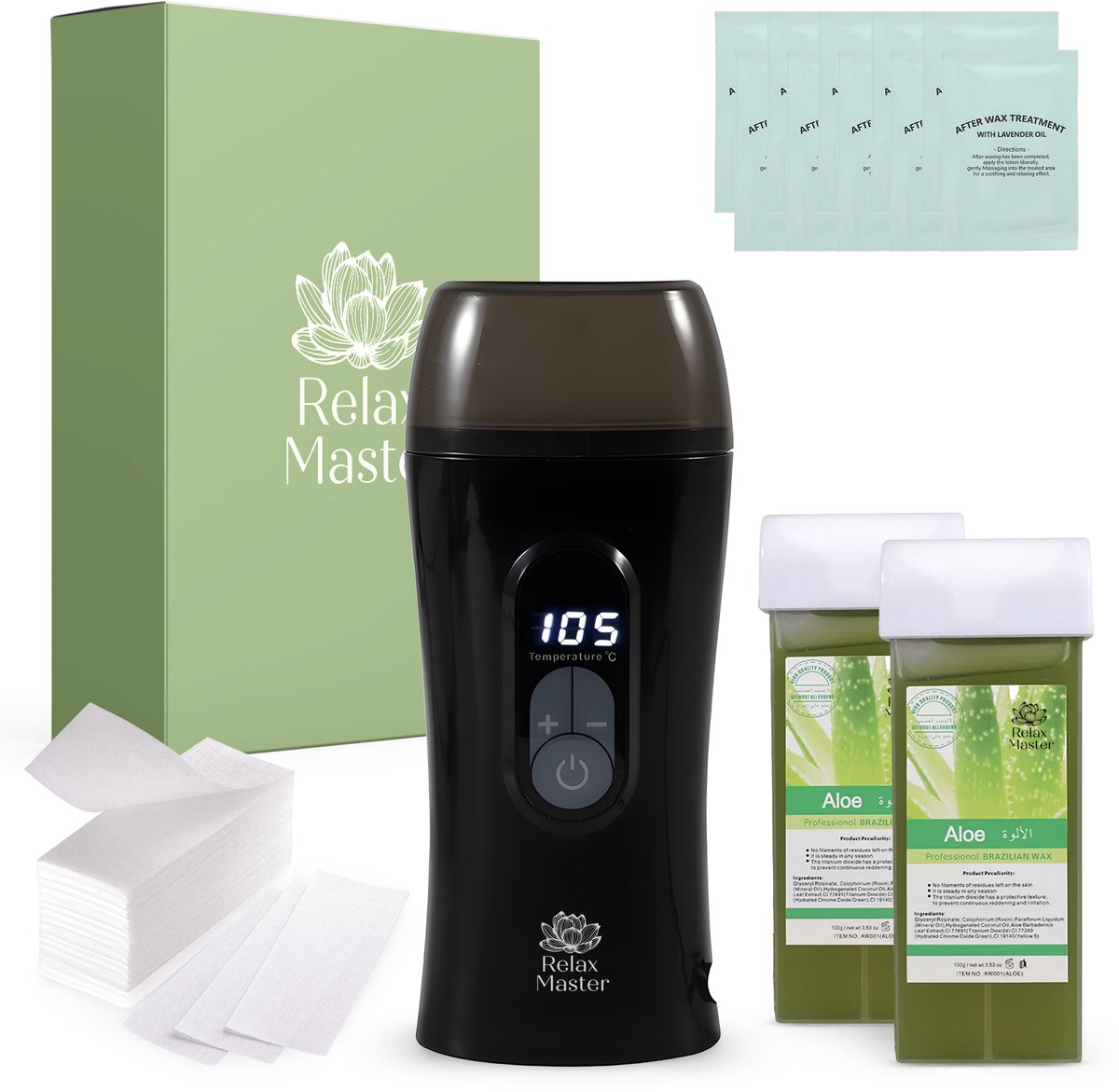 Relax Master Wax Apparaat - Digitale Wax Roller - 2x Aloe Vera Vulling - Aftercare & Waxstrips - Zwart