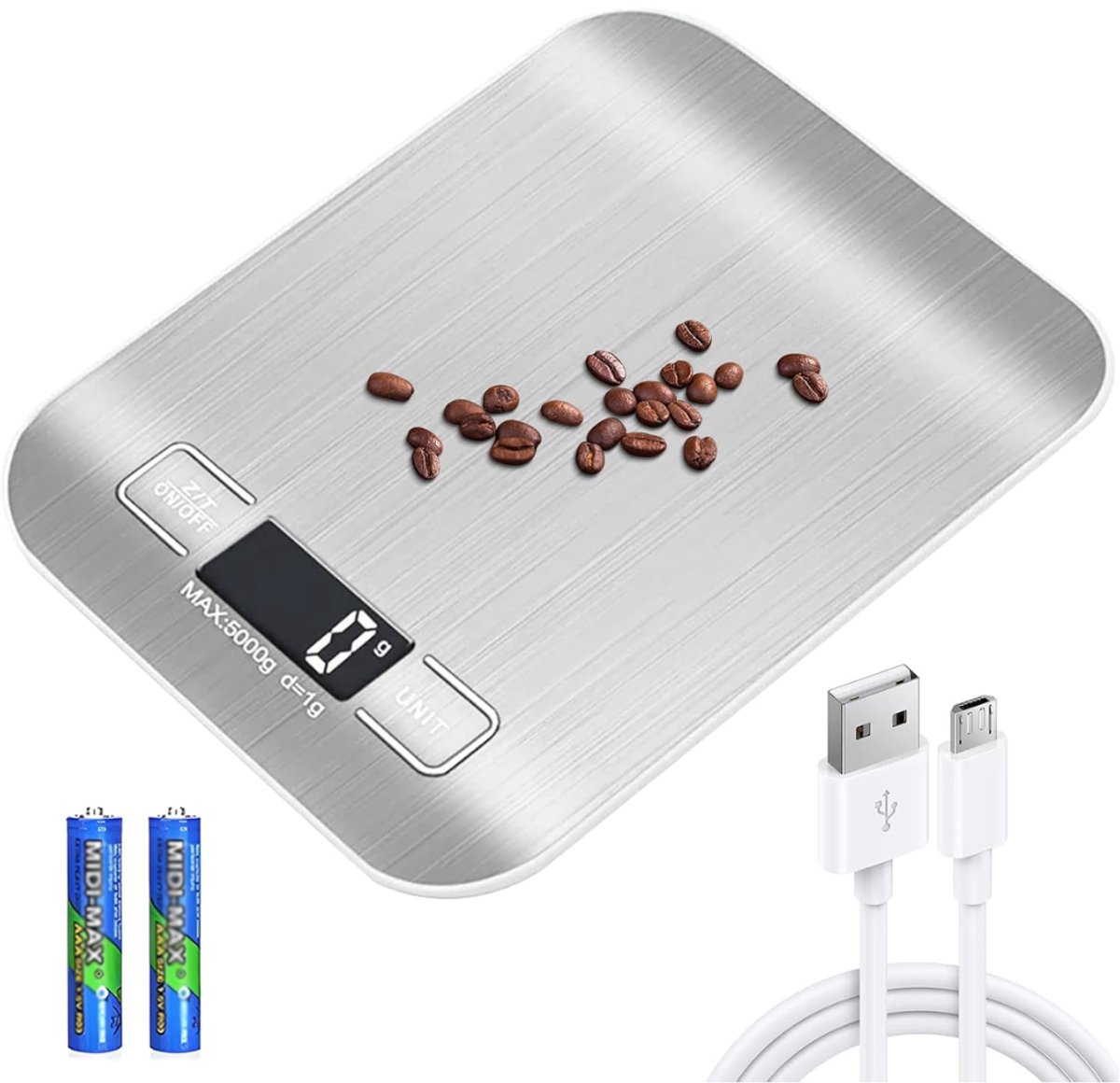 VH Supplies®Keukenweegschaal Oplaadbaar - Keukenweegschaal met Accu - Weegschaal Keuken - 1g tot 15kg - USB Oplaadbaar - Grijs