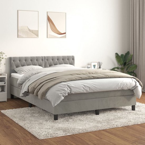 vidaXL - Boxspring - met - matras - fluweel - lichtgrijs - 140x190 - cm