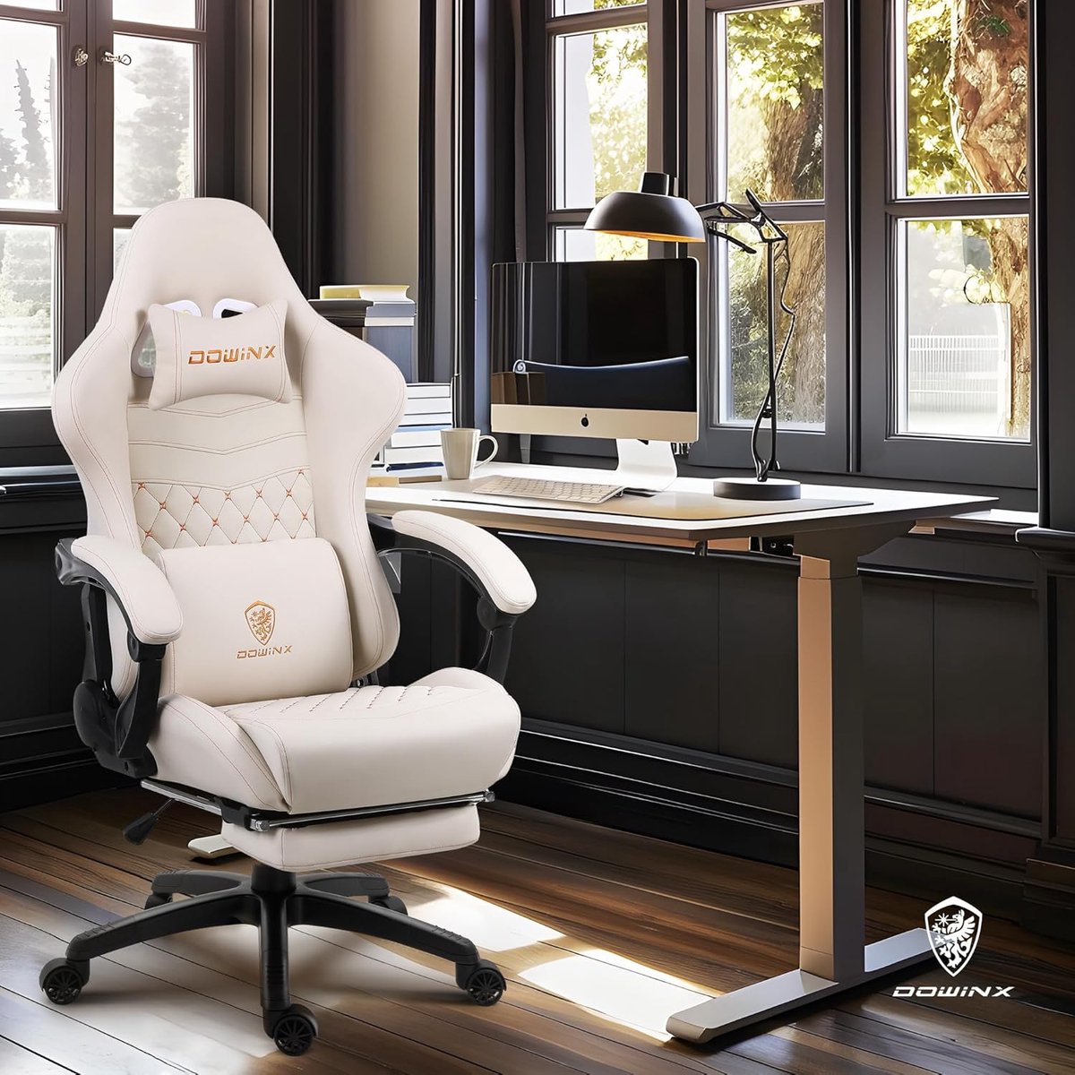 Dowinx Luxe Gamingstoel - Ergonomische Bureaustoel van PU Leer met Boutis-Stiksel, Massage-Lendensteun, Voetsteun, Verstelbare Rugleuning 90°-170°, Tot 200 kg - Wit – foto 2