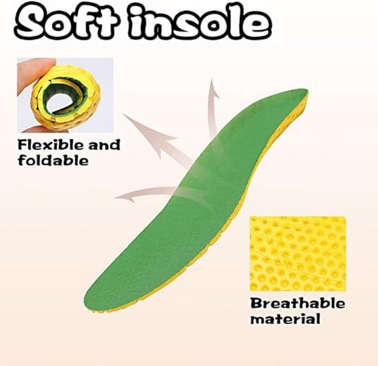 Groene binnenzool met gele, ademende en flexibele structuur. "Zachte binnenzool" en " Ademend materiaal" staan in tekstballonnen.