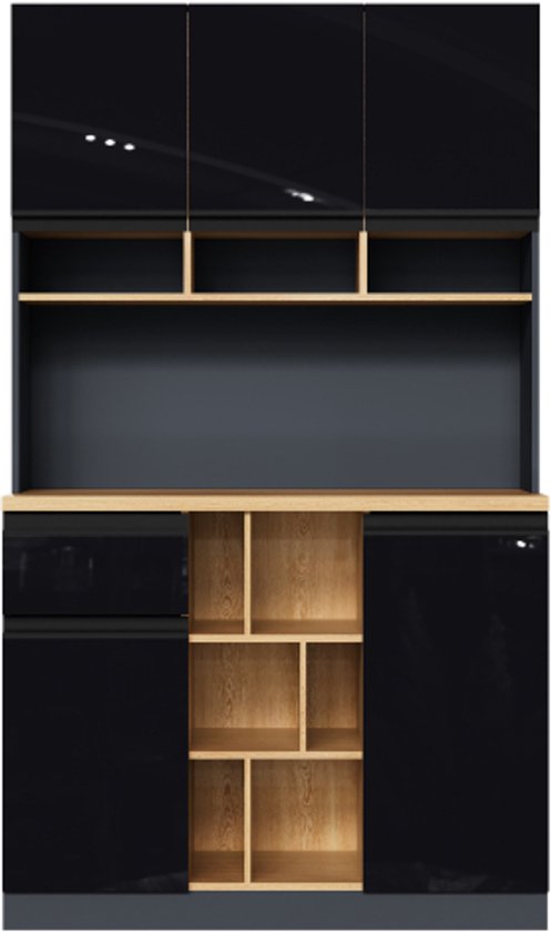 Zwarte keukenkast met houten open vakken en glanzende deuren. Getoond met deuren open.