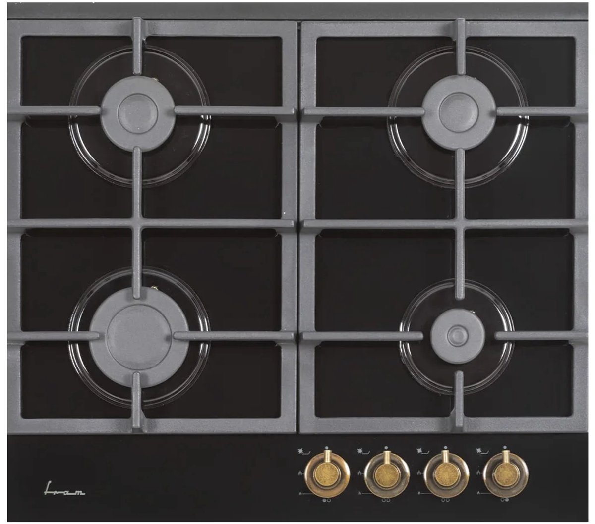 Fram FBH-S4IWF-GRBK Inbouw Gaskookplaat – 60 cm – 4 Branders – Wokbrander – Elektronische Ontsteking – Retro Stijl – 5 Jaar Garantie – Zwart Glas