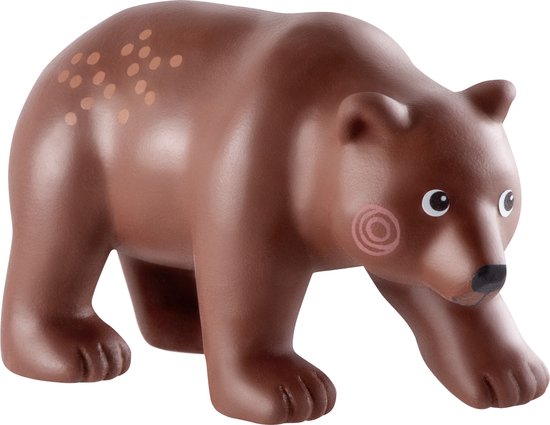 Bruine beer speelgoed figuur met lichte stippen op rug en roze wangen.