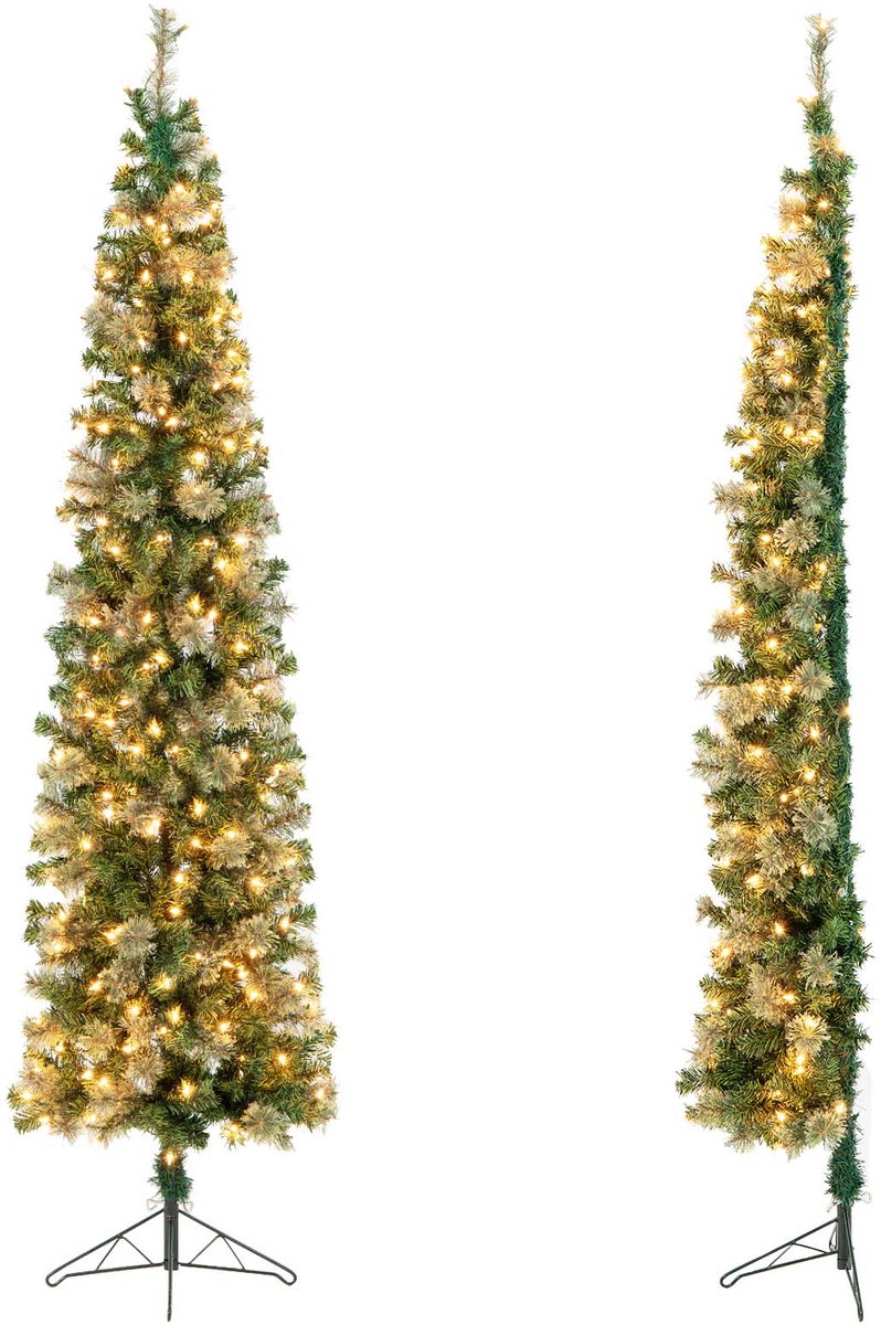 COSTWAY Kunstkerstboom van 210 cm, met 150 ledlampjes en 403 takken, hoekkerstboom met metalen standaard, kunstboom, Kerstmis, voor kantoor, thuis, feest