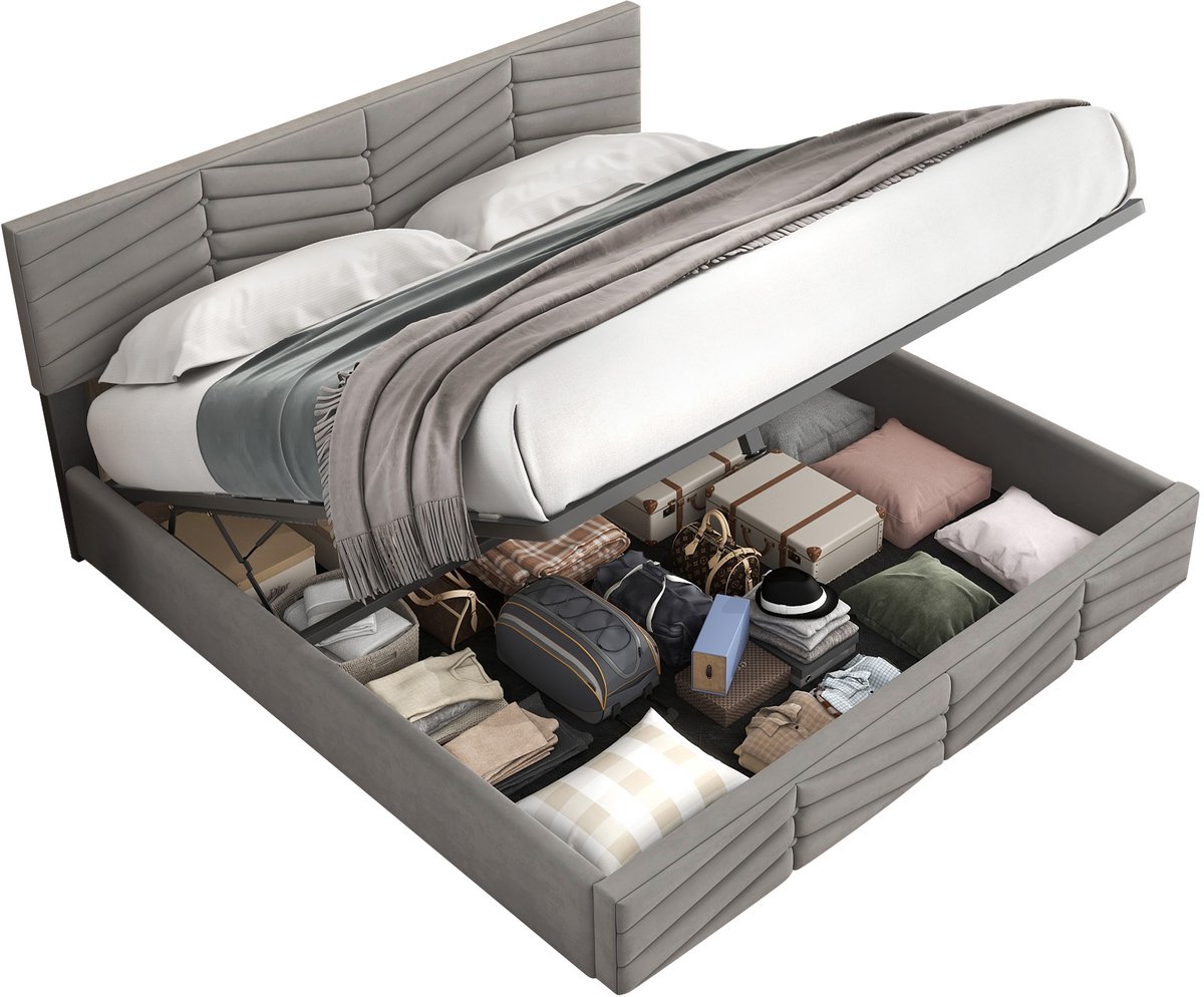 Merax Gestoffeerd Tweepersoonsbed 140x190 met Hydraulische Opbergruimte - Fluwelen Bed met Verstelbaar Hoofdbord - Grijs