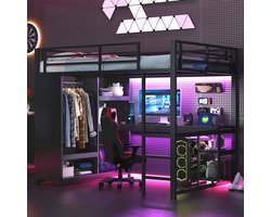 Pugsdrly Metalen gaming stapelbed 140x200 met ledverlichting, bureau, open kledingkast en opbergvakken, zwart
