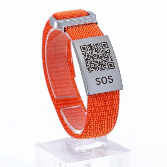 DynaTag SOS Armband Medische Armband met QR-code - Textiel Oranje - Volwassenen en Kinderen