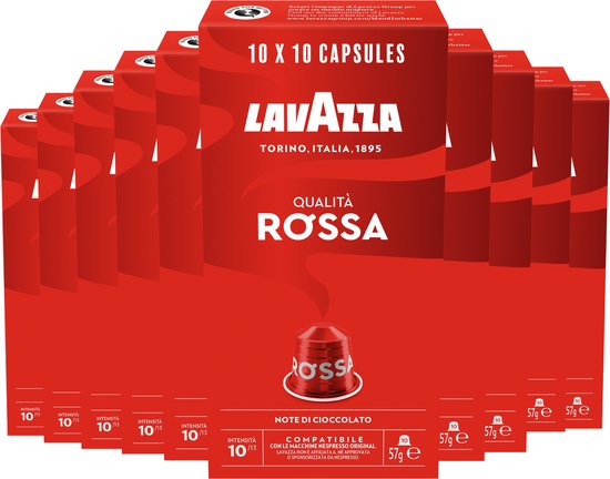 Lavazza Qualità Rossa Koffiecups - 100 Nespresso Cups - 100% Arabica Koffie - Intensiteit: 10/13 - 10 x 10 Aluminium Capsules