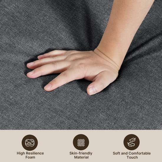 Hand op donkergrijs stof, met de tekst 'Hoge veerkracht schuim', 'Huidvriendelijk materiaal' en 'Zacht en comfortabel gevoel'.