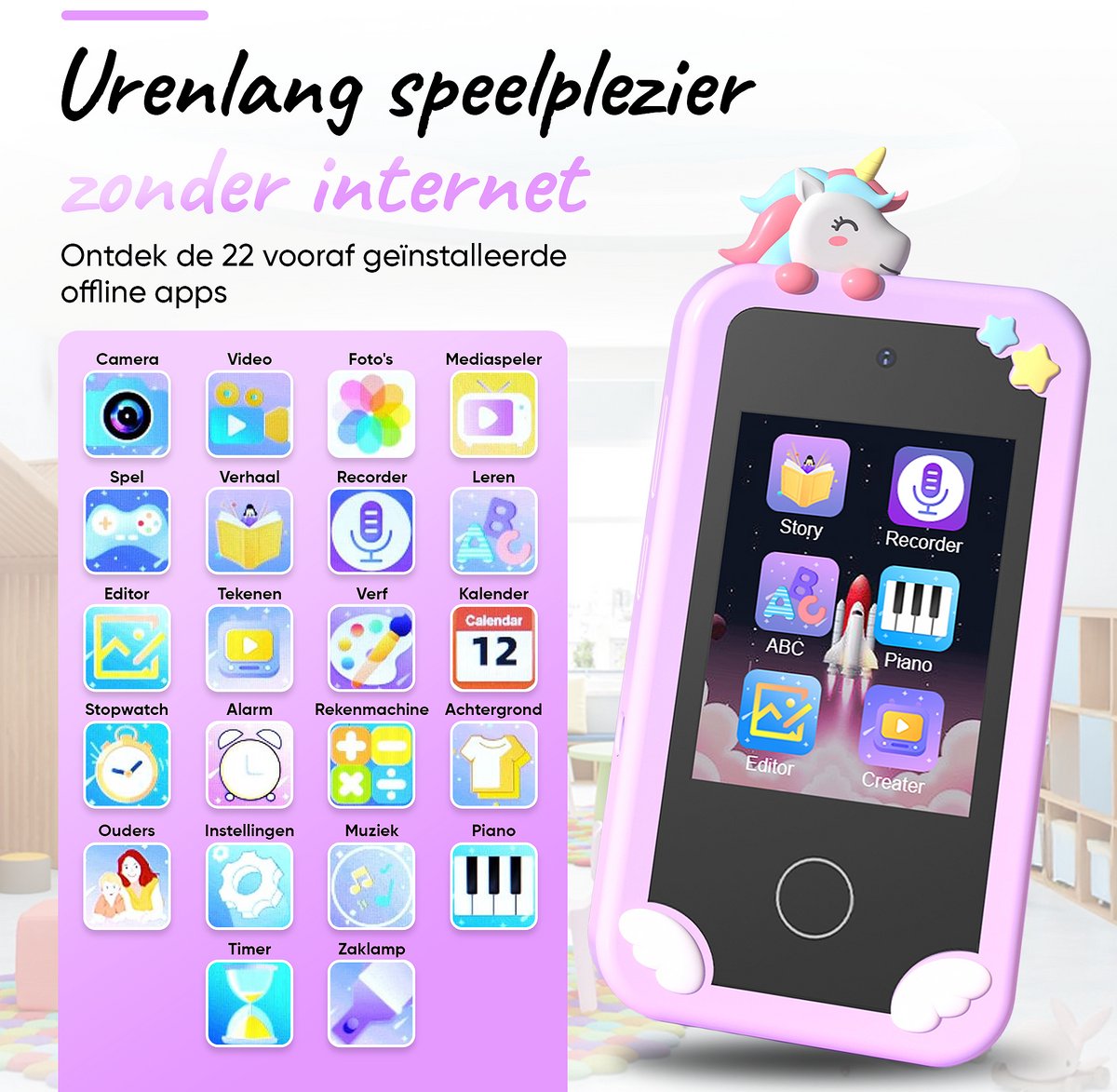BP® Speelgoed Telefoon Paars - Kindertelefoon - Kindercamera - Educatief Speelgoed 3 Jaar - Kinder Telefoon - Nederlandse Instellingen - 22 Kindvriendelijke Offline Apps - Educatieve Spellen - Inclusief 32 GB SD Card — afbeelding 2