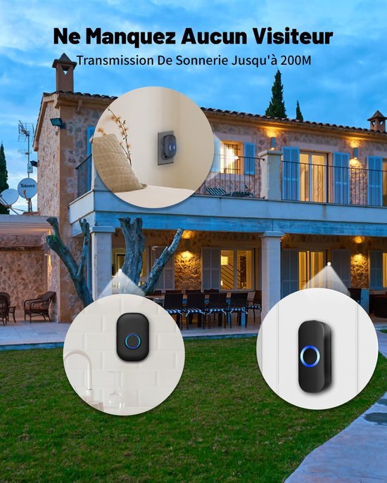 Deurbel - deurbel draadloos - deurbellen - Draadloze deurbel voor buiten - 150m deurbel - IP44 waterdichte elektronische deurbel - deurbelset met plug-in ontvanger - blauwe LED - waterdicht - voor thuis — afbeelding 4