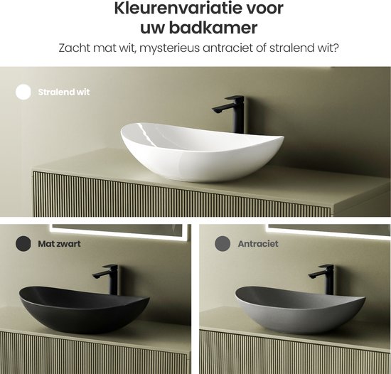 EMKE Vasque à Poser Ovale - Céramique - Wit Brillant - 61,5x36x15 cm - Lavabo de Salle de Bain