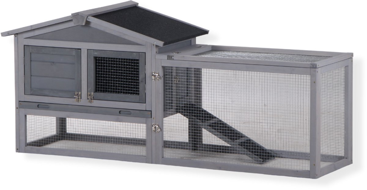Topmast Konijnenhok Konijnenkooi Sunshine - Met Ren - Voor Buiten - Grey Washed Wood 156 x 52 x 68 cm
