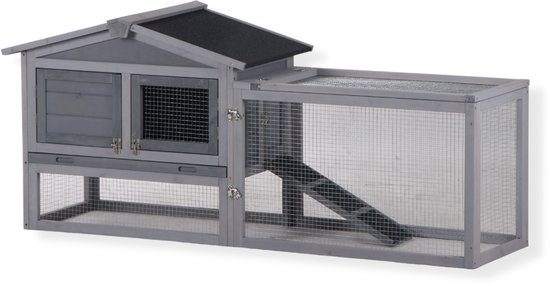 Clapier à lapins gris avec enclos, rampe inclinée et zone de couchage fermée.