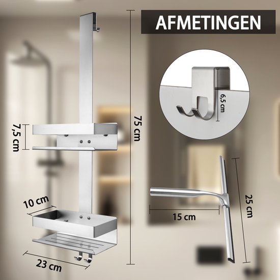 VDN Stainless doucherek met afmetingen: 75x23x10 cm, douchewisser: 25x15 cm.