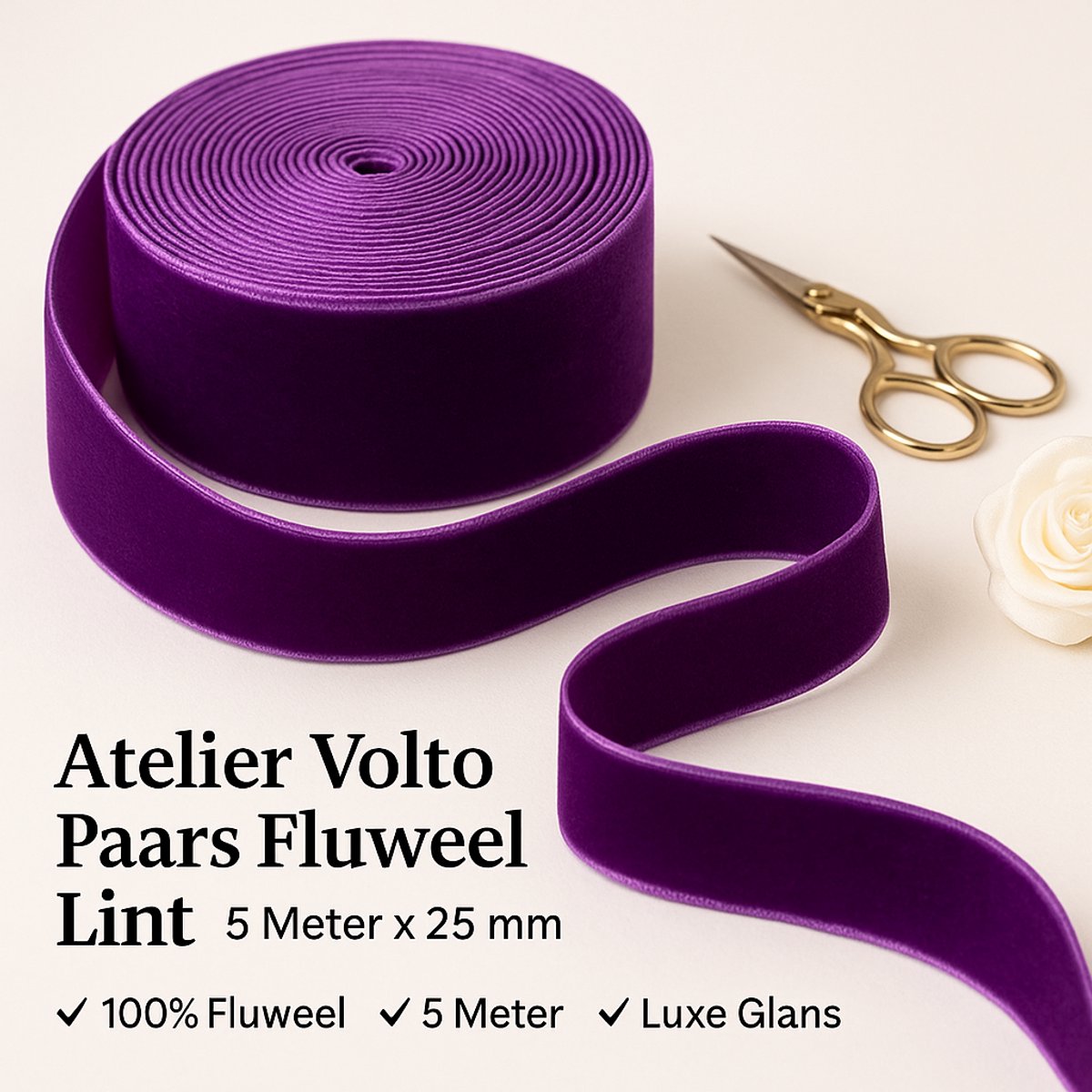 Atelier Volto Paars Fluweel Lint – 5 Meter x 25 mm – Zacht & Glanzend – Voor Bruiloft, Cadeauverpakking, DIY & Feestdecoratie