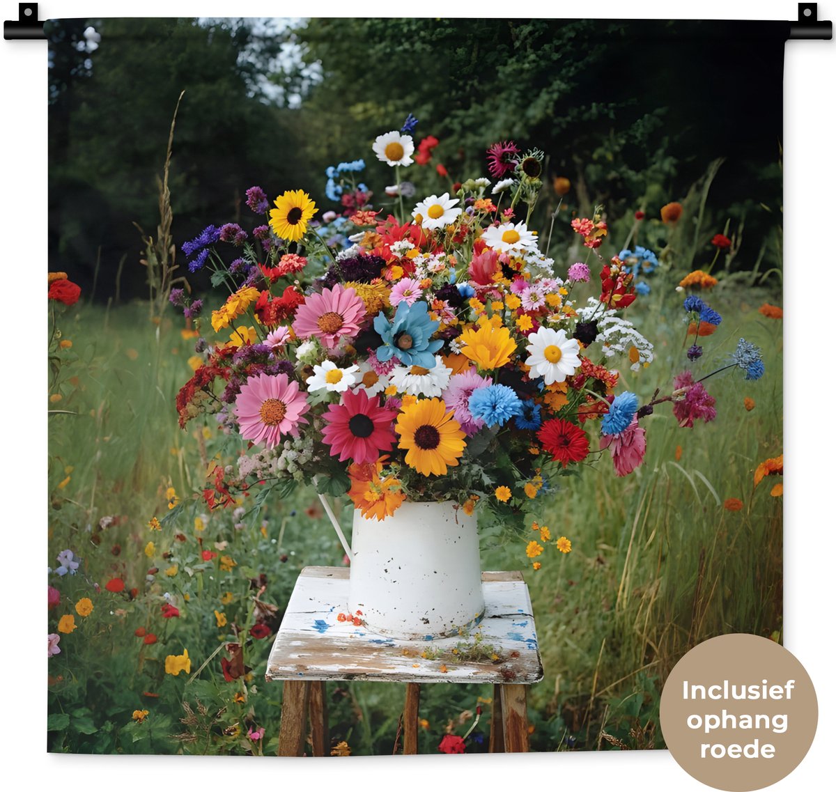 Wandkleed 60x60 cm - Wanddoek Bloemen - Krukje - Gieter - Veld - Wandtapijt - Wandkleden