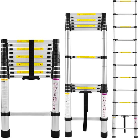 Aluminium Telescopische Ladder – Opvouwbare 3,2 m Uitschuifbare Multifunctionele Ladder, Aanleunladder & Trapladder, 11 Treden, Draagvermogen 150 kg