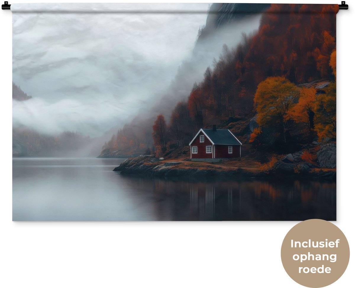 Wandkleed 150x100 cm - Wanddoek Huis - Rood - Bergen - Water - Wandtapijt - Wandkleden