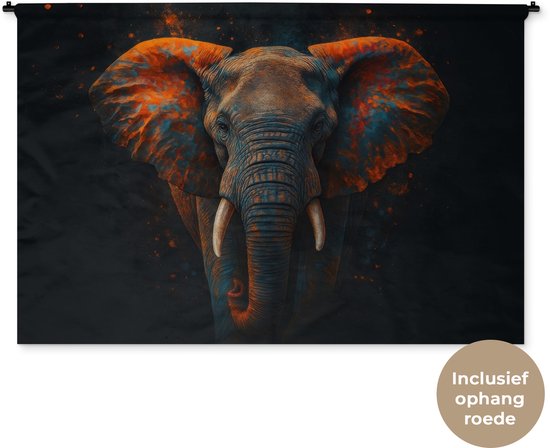 Un éléphant aux accents orange et bleus sur fond sombre. 'Tringle de suspension incluse'.