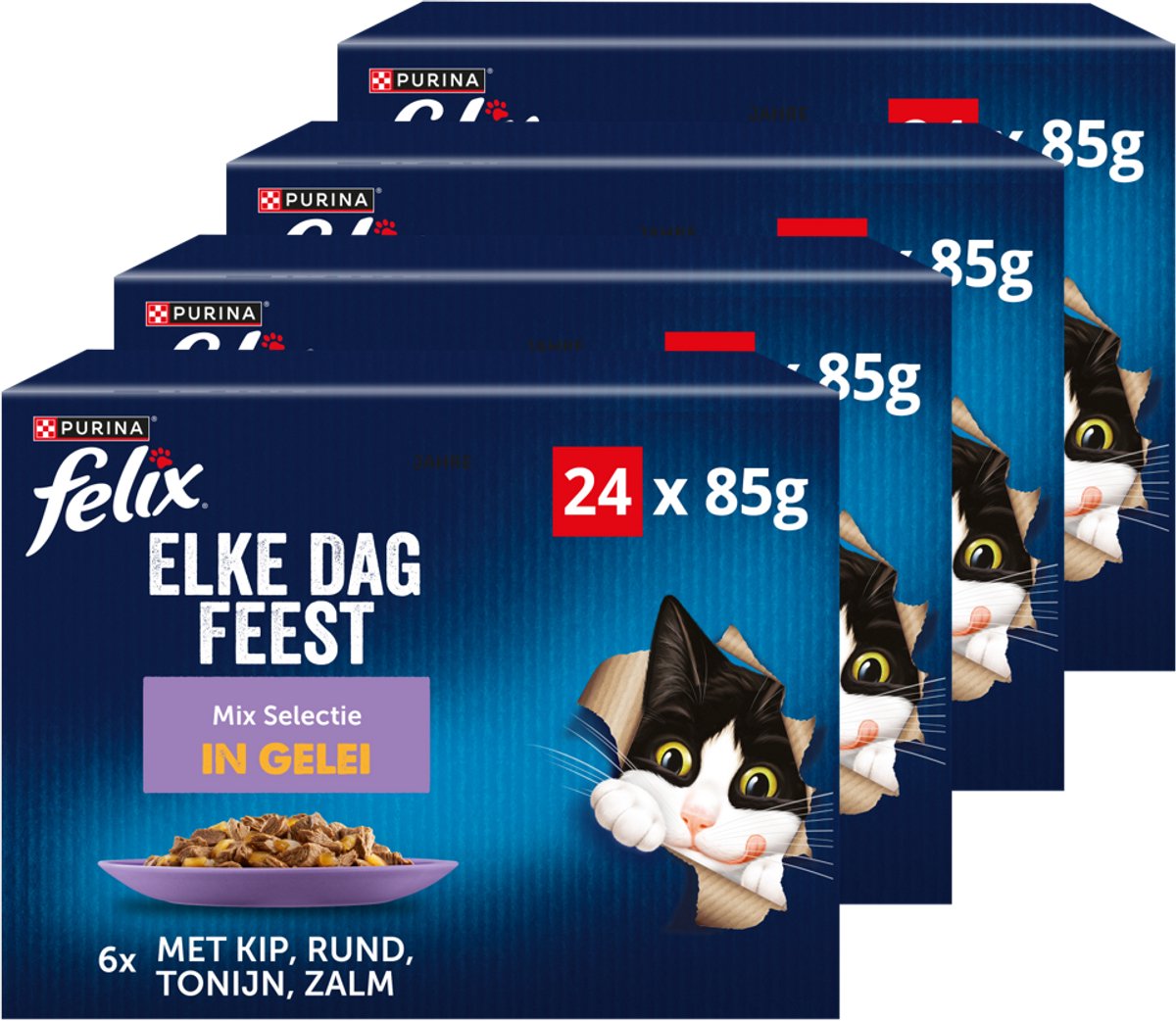 4x Felix Kattenvoer Nat in Gelei Elke Dag Feest Mix Selectie 24 x 85 gr
