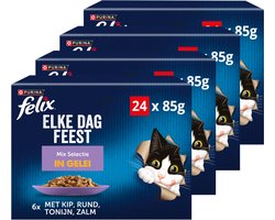 Felix Elke Dag Feest Mix Selectie in Gelei - Kattenvoer Natvoer - Kip Rund Tonijn & Kabeljauw - 96 x 85 g