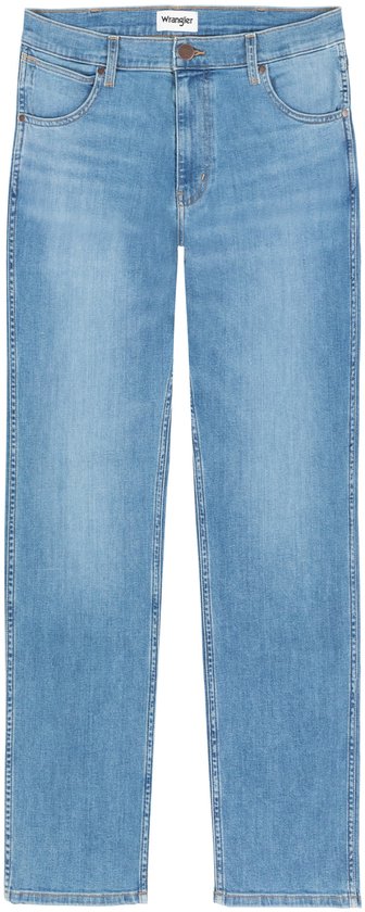 Lichtblauwe Wrangler spijkerbroek met ritssluiting en merklogo.