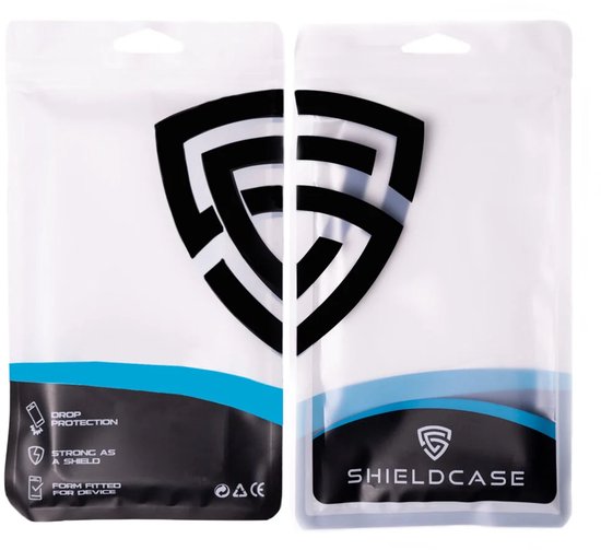 Twee verpakkingen van ShieldCase met een zwart schildlogo en blauwe accenten, "DROP PROTECTION" erop.