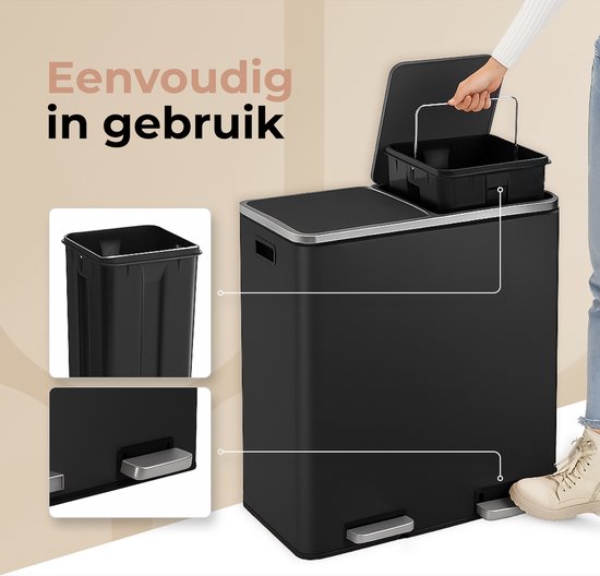 O'DADDY® Prullenbak – Afvalbak - Prullenbak 60 liter - Pedaalemmer – Vuilnisbak - Prullenbak 2 vakken - Prullenbak afvalscheiding – Afvalbak afvalscheiding - 2 Binnen emmers - Soft-Close - Inclusief 15 Afvalzakken - Zwart