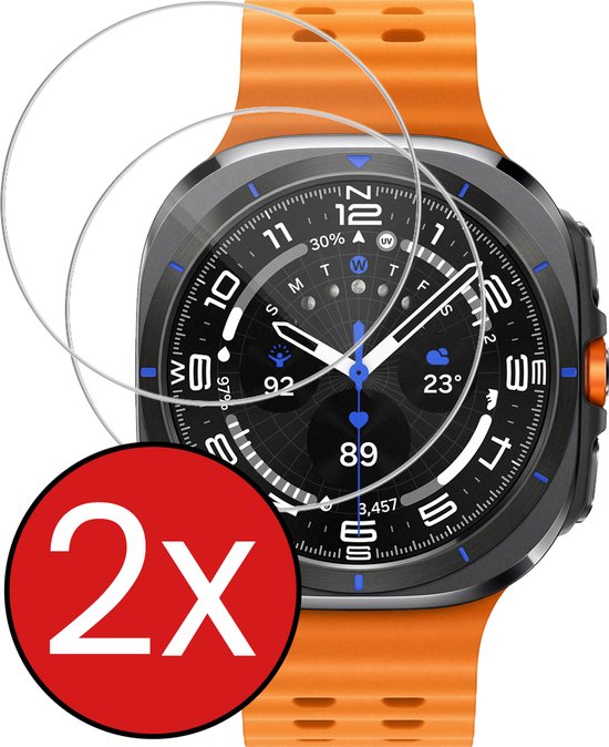 Twee screenprotectors met oranje band op Samsung Galaxy Watch.