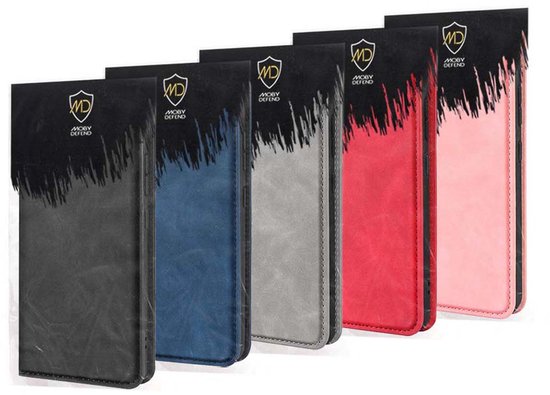 Zes telefoonhoesjes in verschillende kleuren: zwart, blauw, grijs, rood en roze.