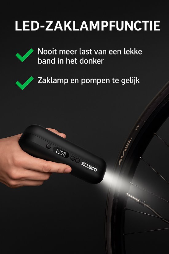 Elleco® Elektrische Fietspomp Pro - Fietspomp - Compressor - Elektrische Pomp - Lucht Compressor - Powerbank - Zaklamp - Zwart van Elleco — afbeelding 2
