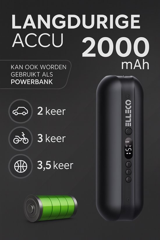 Elleco® Elektrische Fietspomp Pro - Fietspomp - Compressor - Elektrische Pomp - Lucht Compressor - Powerbank - Zaklamp - Zwart van Elleco — afbeelding 5