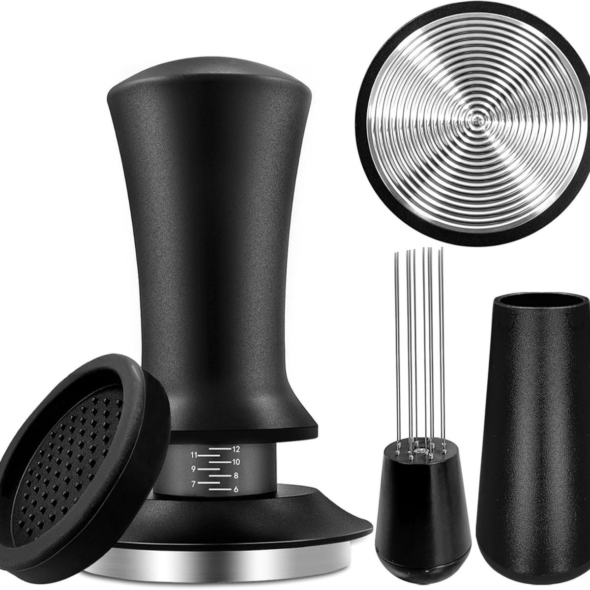 Tamper - koffie tamper - espresso tamper - 51 mm espresso-tamper - Espresso-tamper van aluminium en roestvrij staal - Zelfnivellerende ergonomische tamper - Voor barista's - Zwart