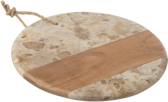 Planchette ronde avec aspect marbre beige et détail en bois, avec boucle de corde.