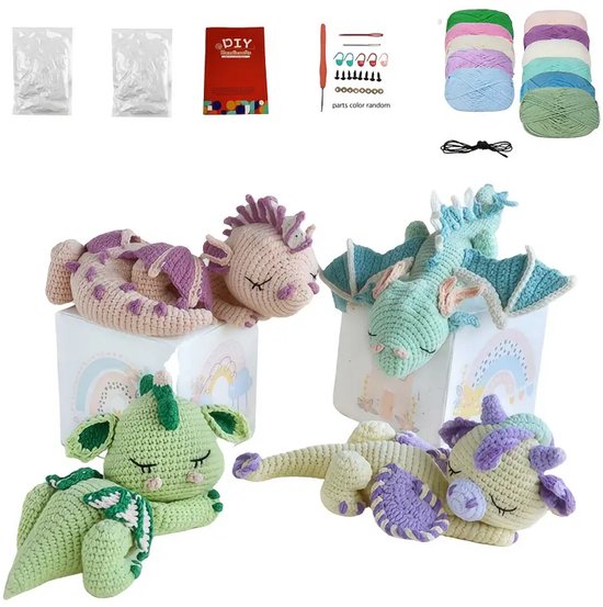 Kit de crochet Dragons – Set de 4 dragons amigurumi pour débutants – Comprend le matériel et le manuel en anglais