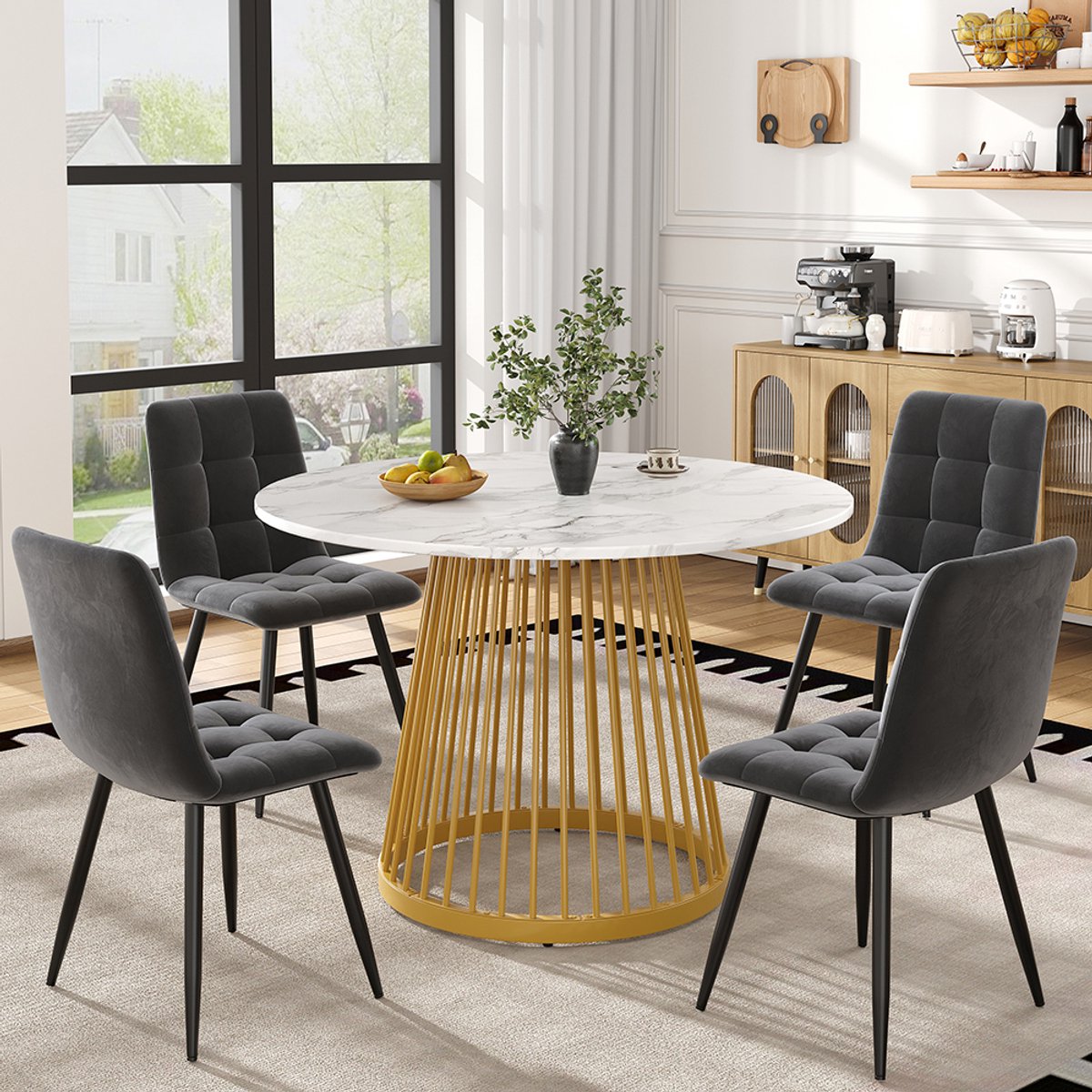 Pugsdrly Eetkamer set (5-delig), eetkamer set met 4 stoelen, moderne keukenset, ronde keukentafel met een diameter van 80 cm met gouden metalen poten, wit MDF-blad, eetkamerstoelen van donkergrijs fluweel