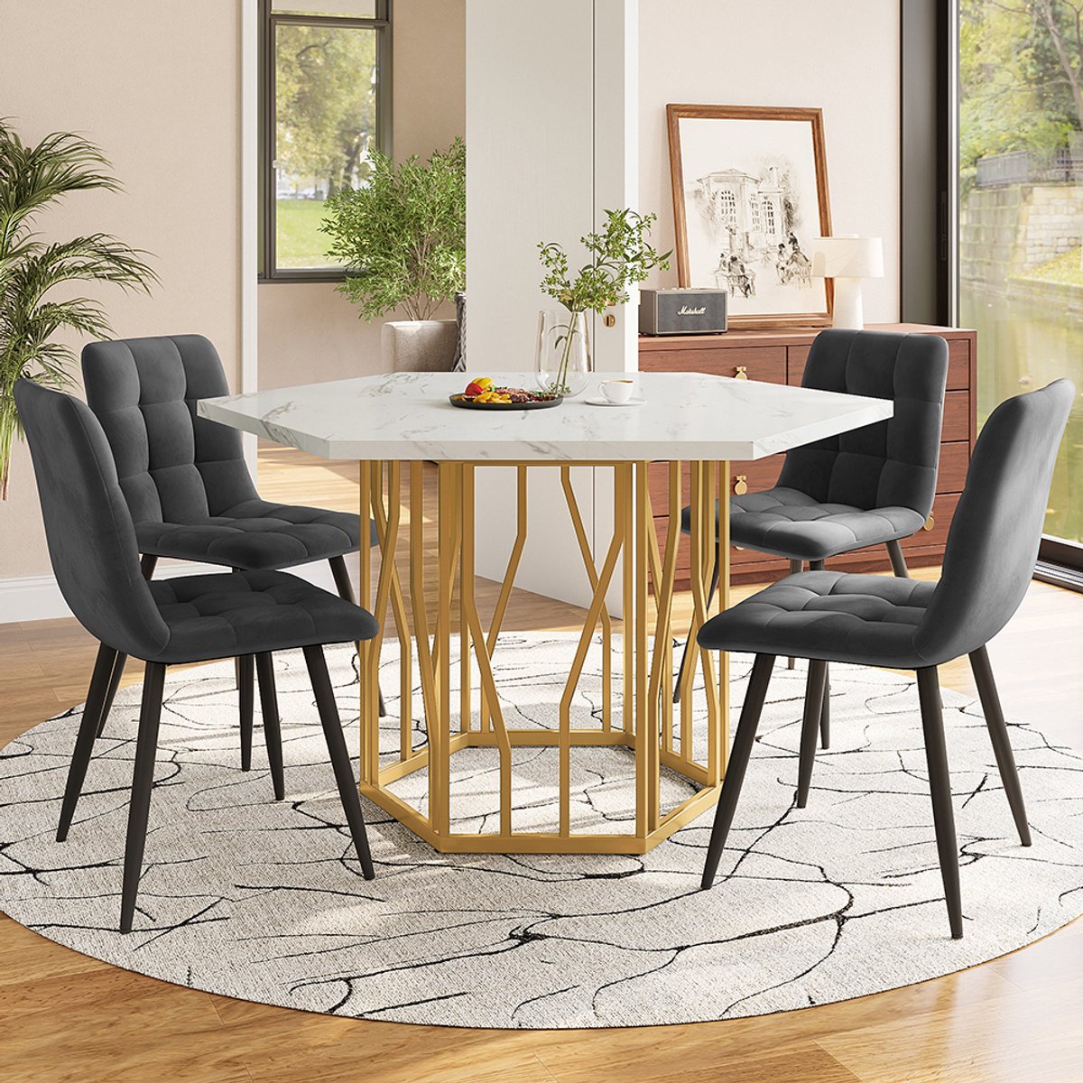 Pugsdrly Tafel- en stoelset (5 stuks), moderne zeshoekige marmeren eettafel + 4 eetkamerstoelen in grijs fluweel voor een gezellig en modern restaurant, gouden tafelpoten
