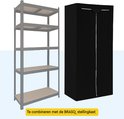 Housse de rangement noire à côté d'une étagère métallique, avec le texte 'À combiner avec l'étagère BRASQ'.