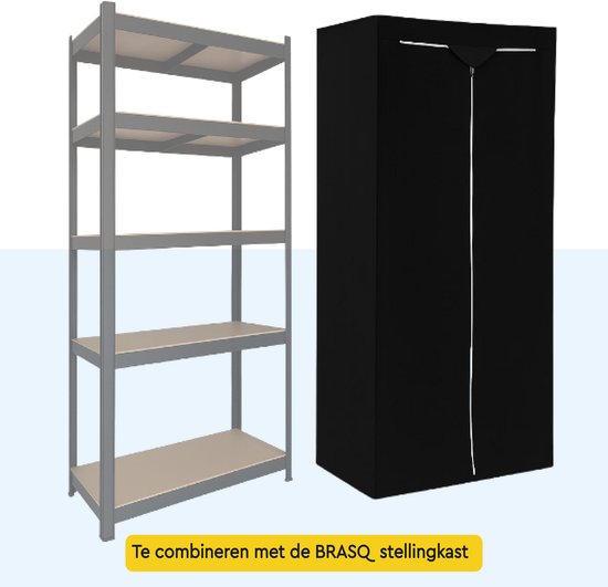 Housse de rangement noire à côté d'une étagère métallique, avec le texte 'À combiner avec l'étagère BRASQ'.