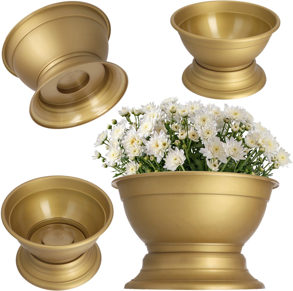 KADAX Bloemenschaal met standaard, weerbestendige kunststof plantenbak, kogelschaal voor chrysanten, viooltjes, bloemenvaas, diameter 18 cm, goud