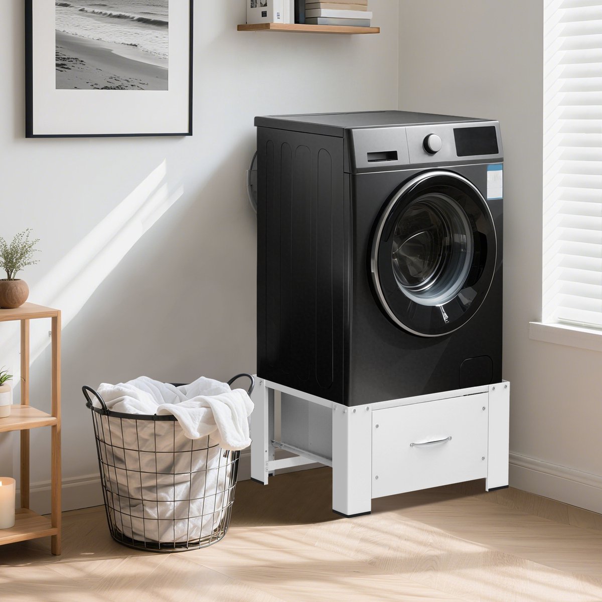 Wasmachine opbouwmeubel Wit - Wasmachine verhoger met lade - Wasmachine Sokkel - Wasmachine Kast - 62.5x54.5x32.5cm - Universeel — afbeelding 4