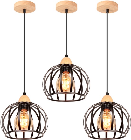 Zwarte Hanglamp Set IDEGU 3x Retro Hanglamp - Industriële Edison Design - Plafondlamp E27 - Zwarte Metaal Hanglamp Voor Café & Woonkamer Retro Hanglamp Industriële Stijl