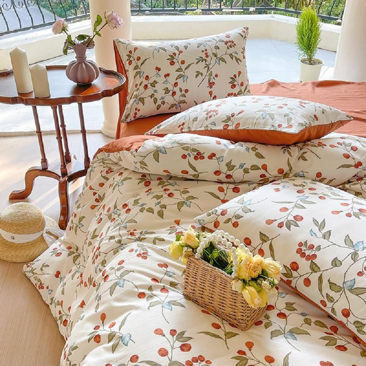 Unyqoos Beddengoedset met Bloemen- en Bladmotief, Omkeerbaar, Microvezel, Oranje en Wit, Eenpersoons oranje bloemen