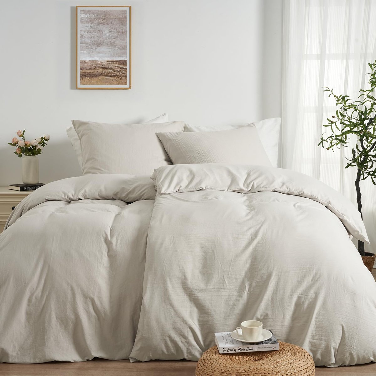 Unyqoos Beddengoed Set van 4 Stuks in Linnenlook, Superzachte Microvezel, Oeko-Tex Gecertificeerd Natuurlijk