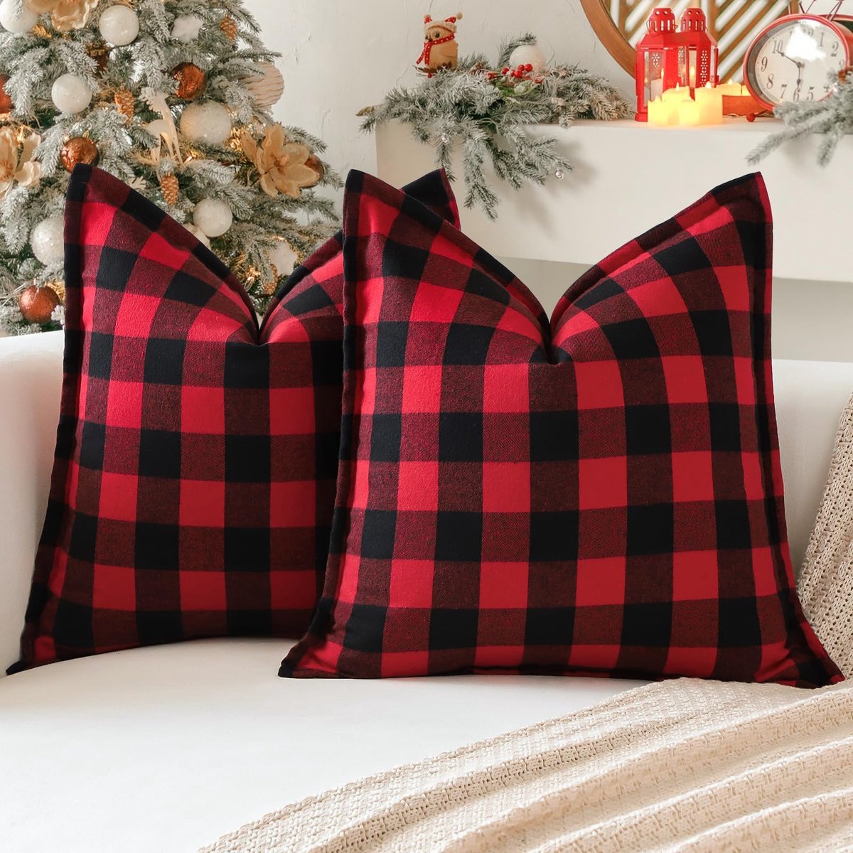 Unyqoos Set van 2 stijlvolle geruite kussenhoezen in rood voor diverse woonstijlen 40 x 40 cm rood zwart