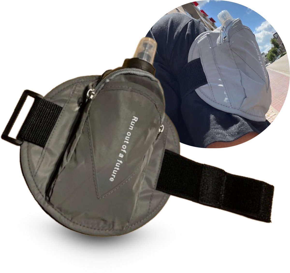 Run Out of a Future™- Hardloop Armstrap met 250ml Opvouwbare Drinkfles | Telefoonvak | Sleutelvak | Stevige Hardloopband Telefoonhouder | Waterfles Sportband | Drinkgordel | Running belt Bidonhouder | Soft Flask | Sport Arm Tas | Joggen | One size